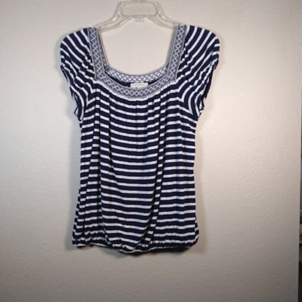 Max Studio Navy Blue & White Striped Top Size: S